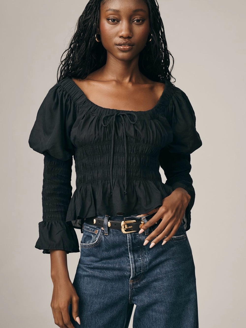 Anthropologie Black Smocked Peasant Blouse Puff Sleeve Peplum Top